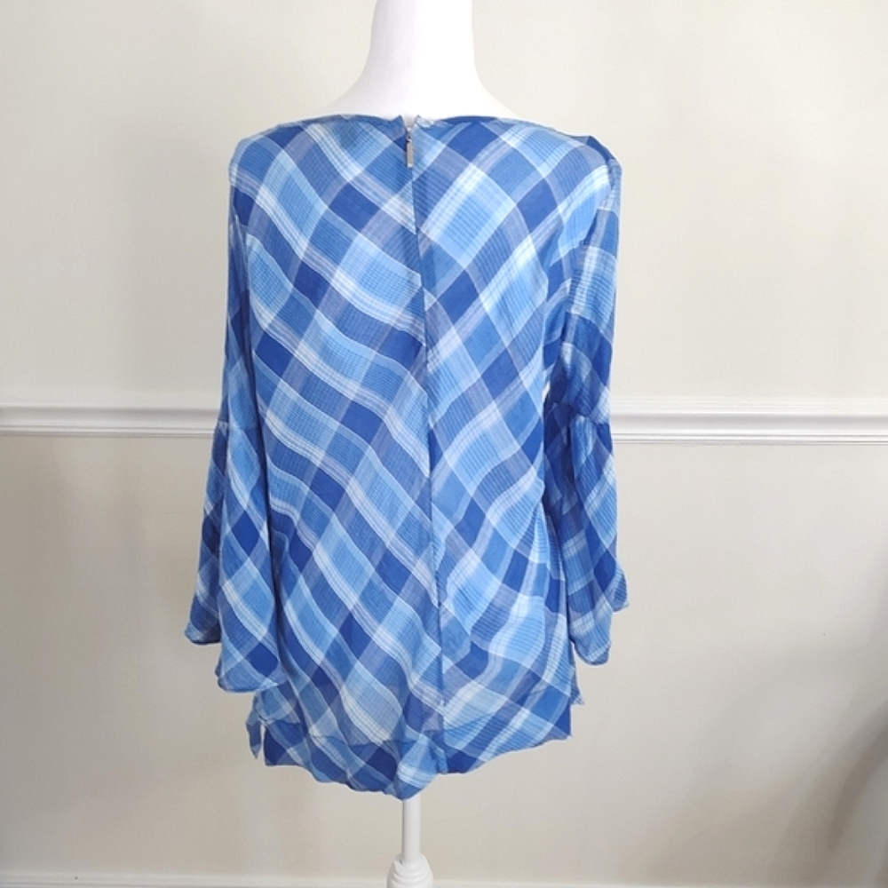 Lauren Ralph Lauren 100% Cotton Bell Sleeved Light Blue Plaid Blouse Size M - Picture 6 of 10